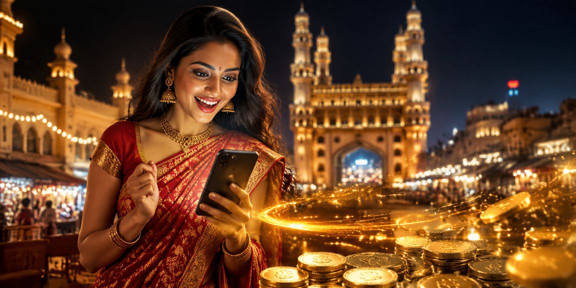Player enjoying Rummy game on mobile device near Charminar, Hyderabad