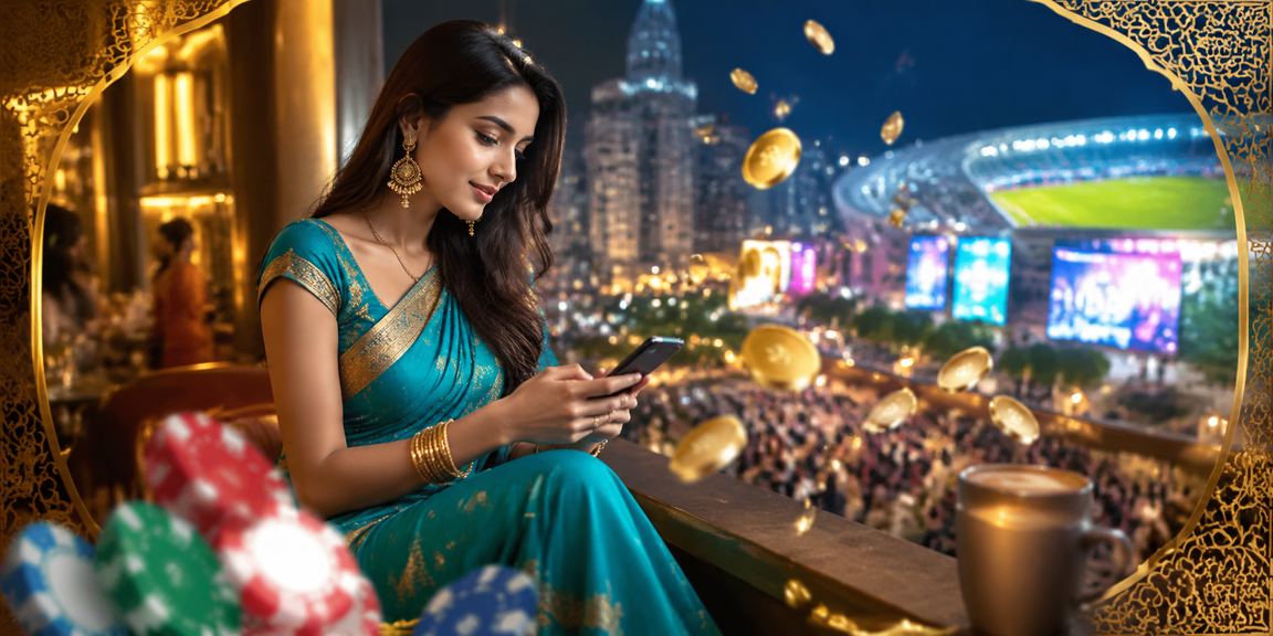 Indian woman enjoying cricket betting on mobile with saree
